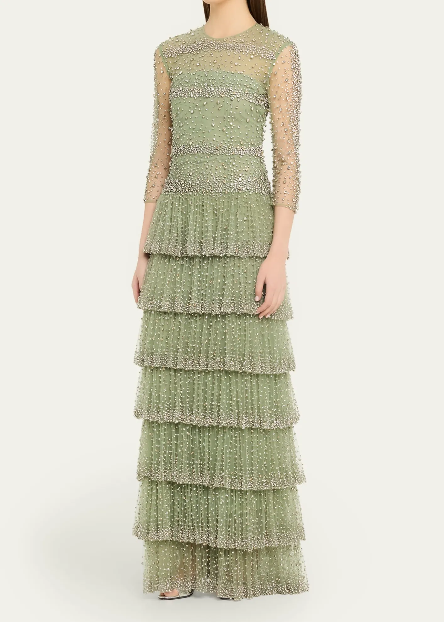 CostarellosSolene Crystal Tiered Ruffle Gown