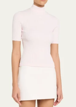 CourregesMock-Neck Short-Sleeve Rib Pullover