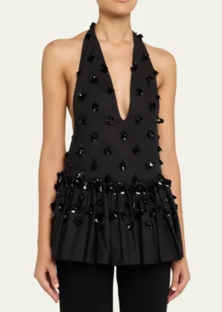 DiotimaEmbellished Plunging Ruffle Halter Top