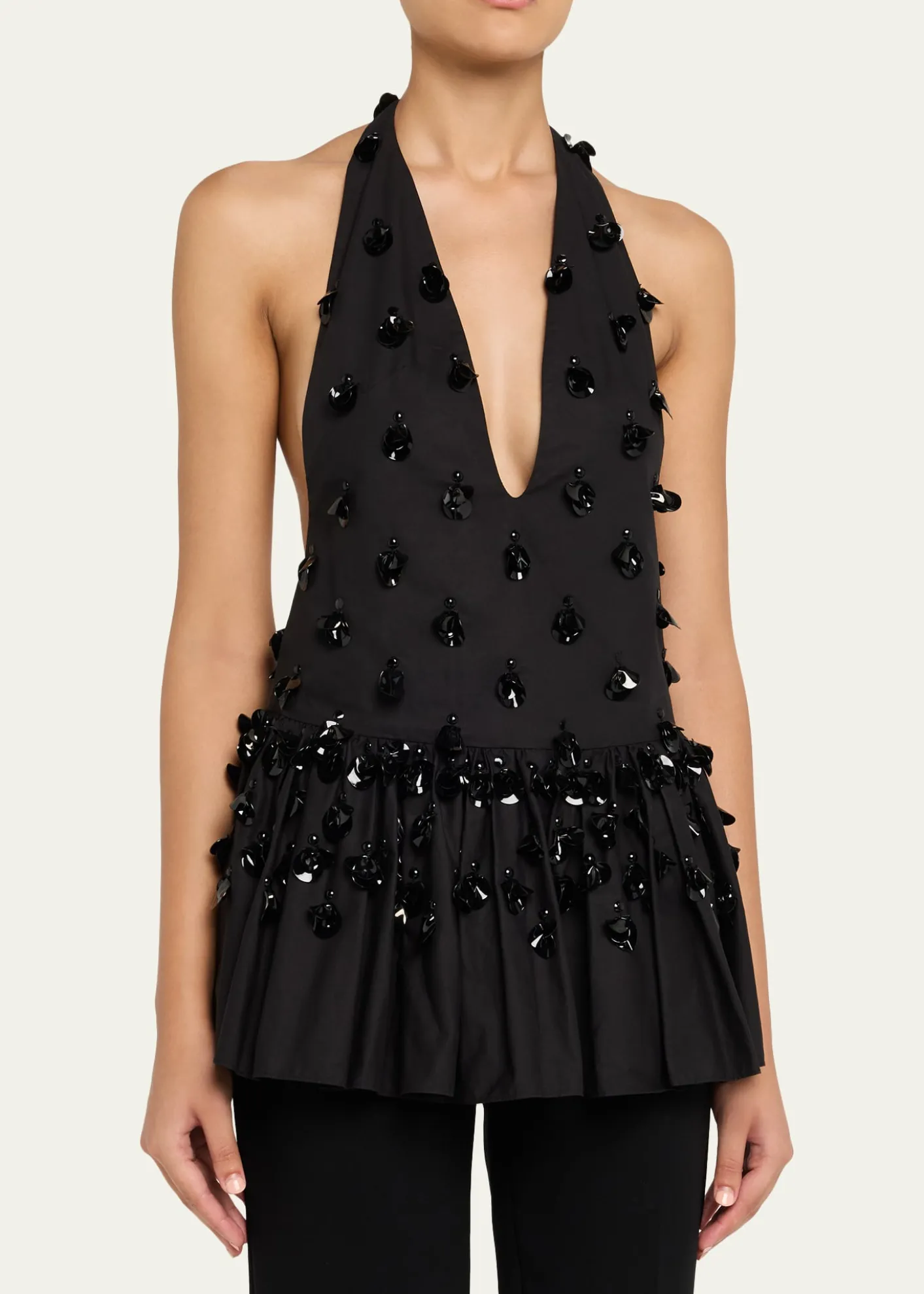 DiotimaEmbellished Plunging Ruffle Halter Top