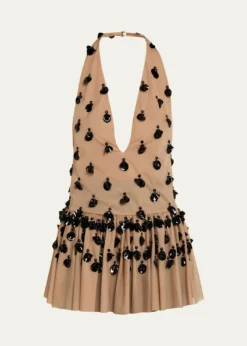 DiotimaEmbellished Plunging Halter Peplum Top