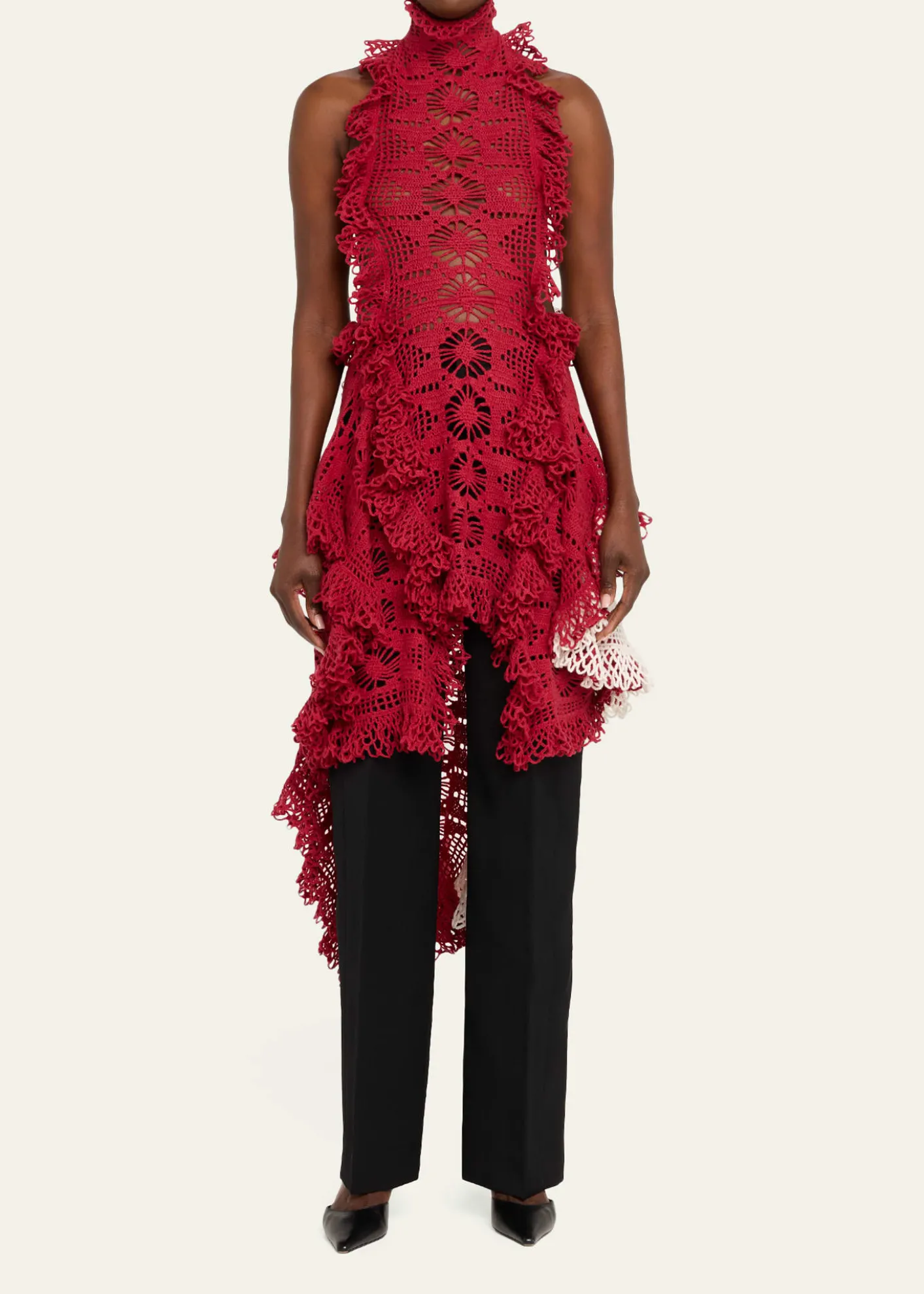 DiotimaSpade Crochet Knit Ruffle Halter Backless Mini Dress