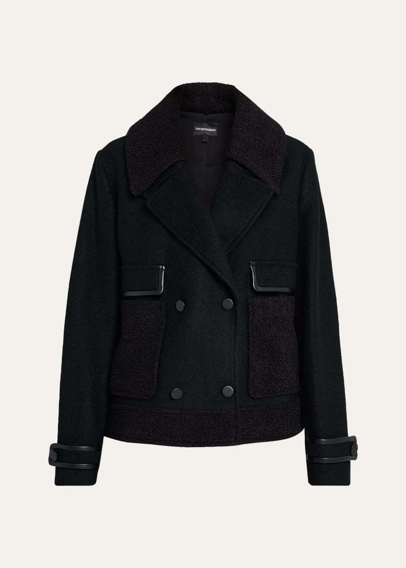 Emporio ArmaniDouble-Breasted Peacoat with Faux Leather Trim
