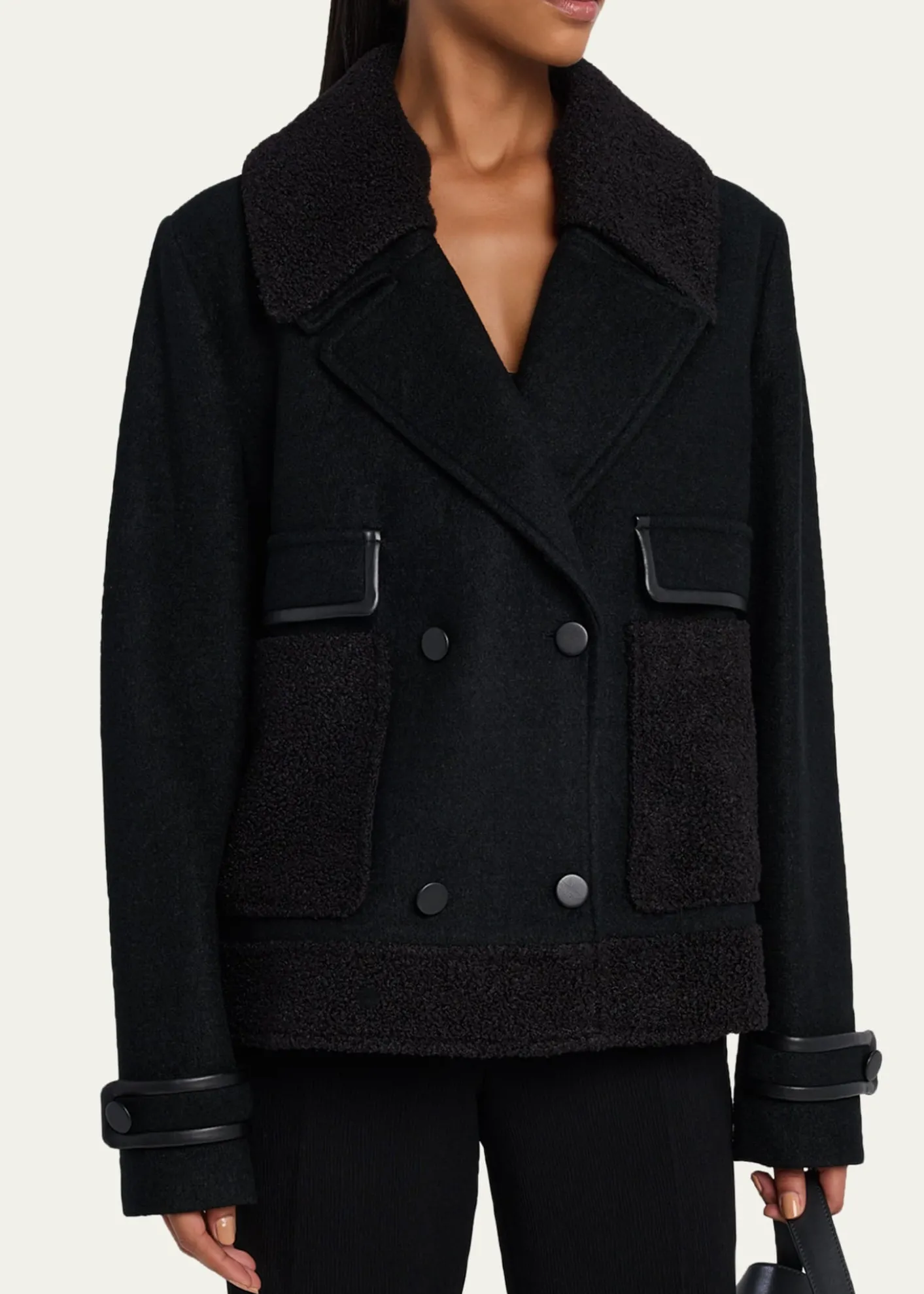 Emporio ArmaniDouble-Breasted Peacoat with Faux Leather Trim