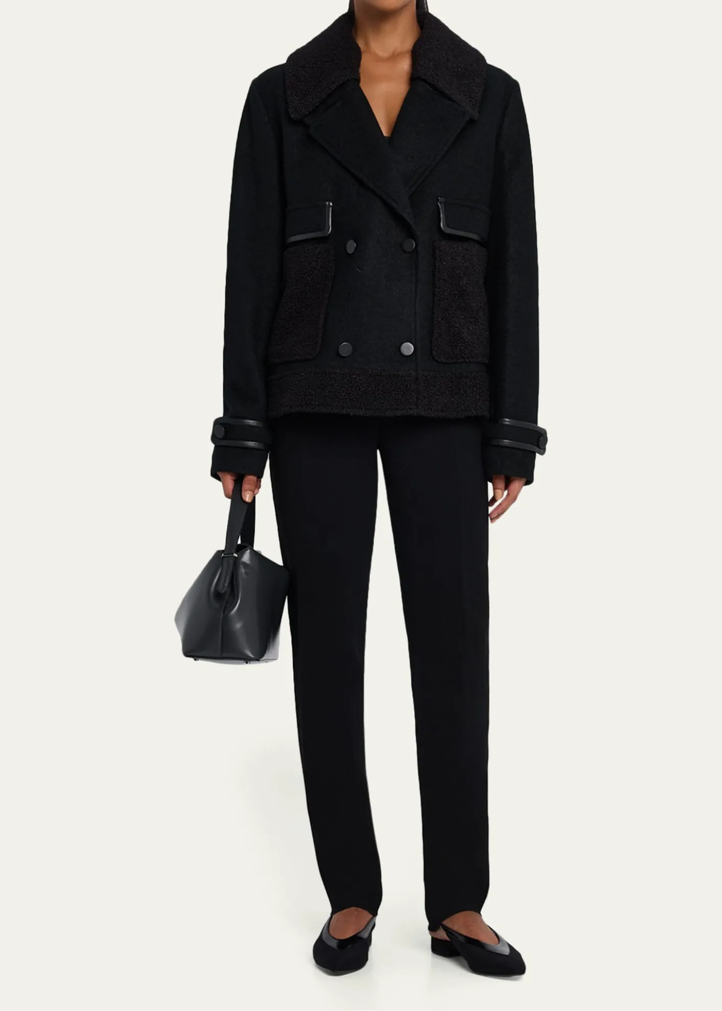 Emporio ArmaniDouble-Breasted Peacoat with Faux Leather Trim