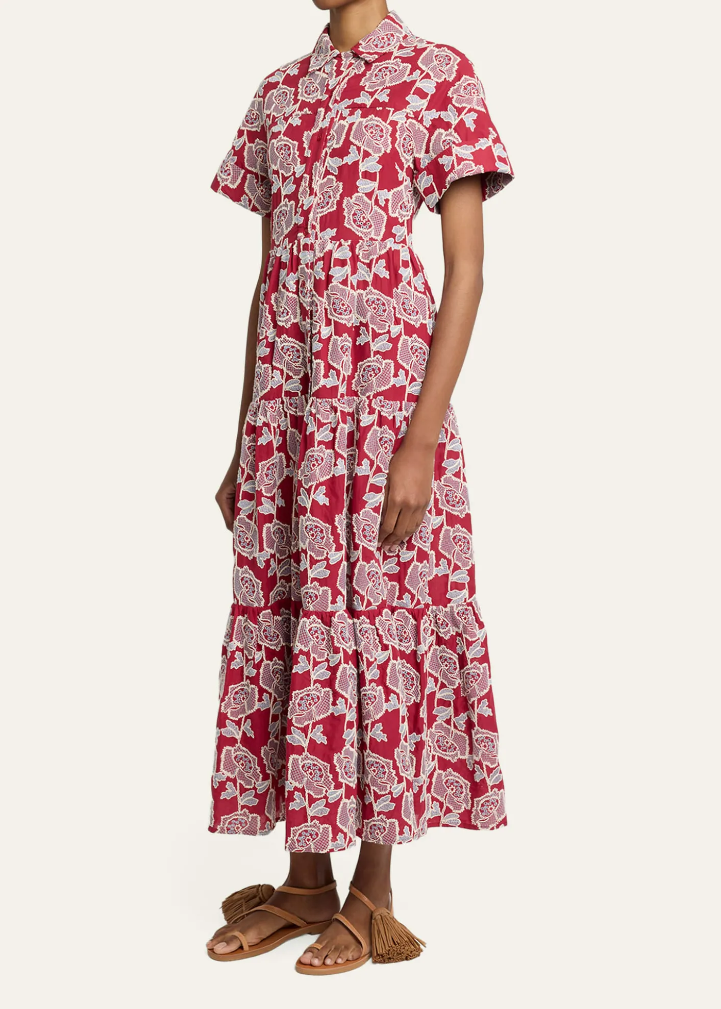 ErdemEmbroidered Cotton Tiered Midi Shirtdress
