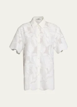 ErdemFloral Cutwork Cotton Short-Sleeve Button-Down Shirt