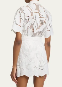 ErdemFloral Cutwork Cotton Short-Sleeve Button-Down Shirt