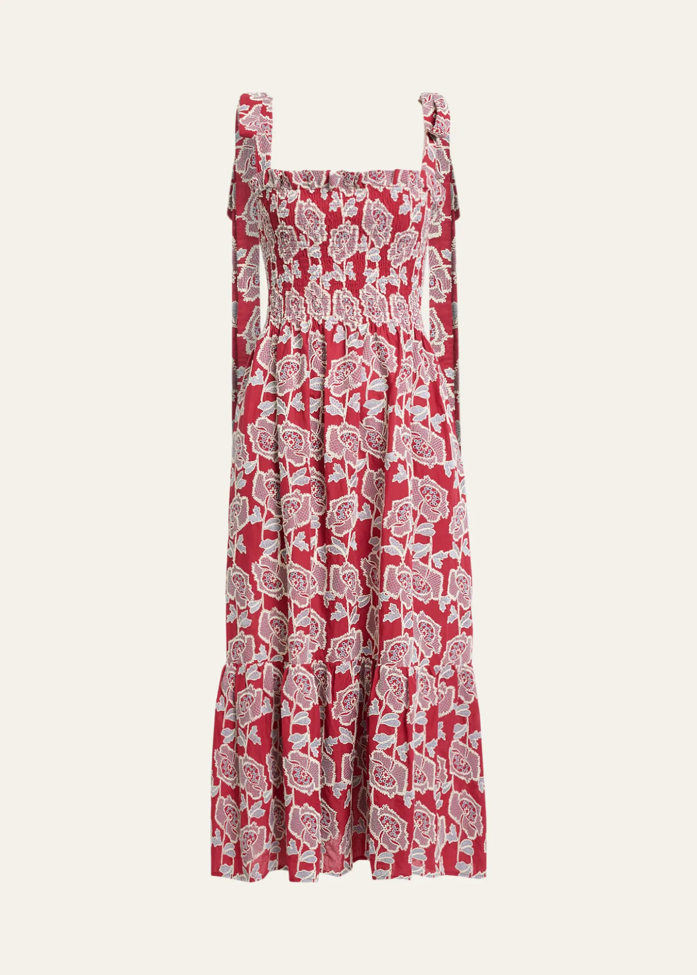 ErdemFloral Embroidered Cotton Smocked Sleeveless Midi Dress