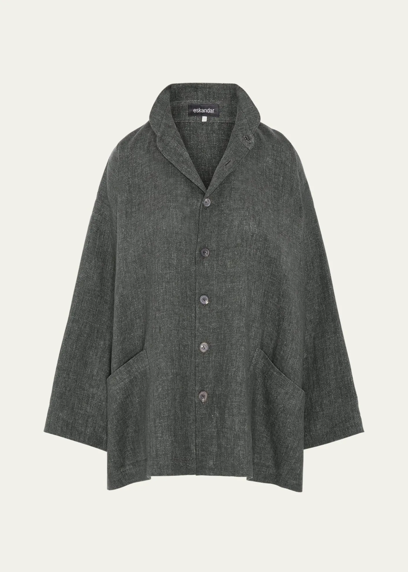 EskandarHeavyweight Delave Linen Angle-To-Front Double Stand Collar Jacket - Long Length