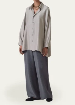 EskandarLightweight Silk Plisse Wide A-Line Shirt With Collar - Mid Plus Length