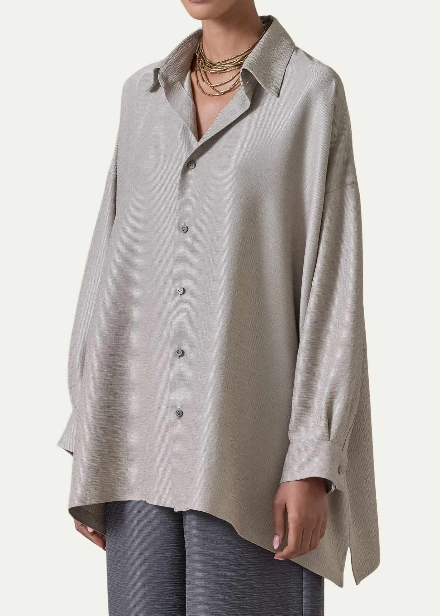 EskandarLightweight Silk Plisse Wide A-Line Shirt With Collar - Mid Plus Length