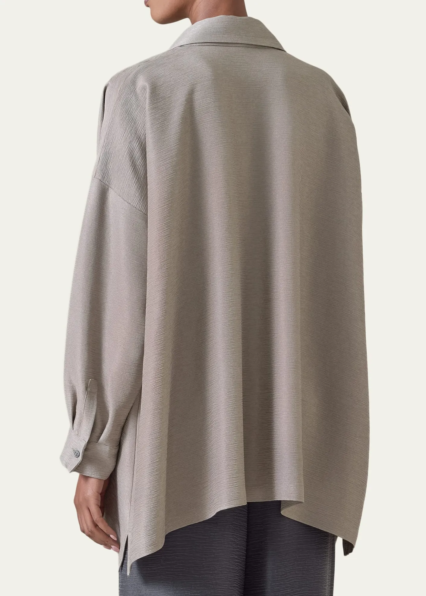 EskandarLightweight Silk Plisse Wide A-Line Shirt With Collar - Mid Plus Length