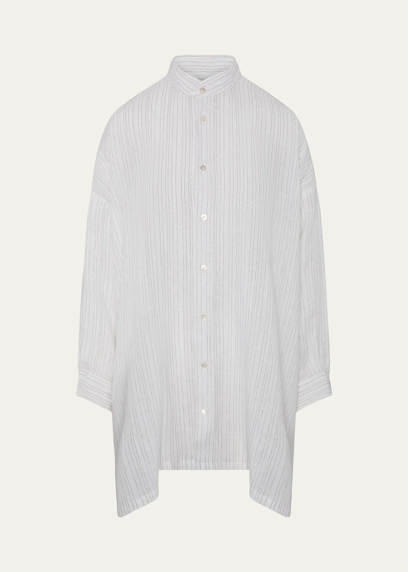 EskandarMetallic Linen Wide A-Line Collarless Shirt - Long Plus Length