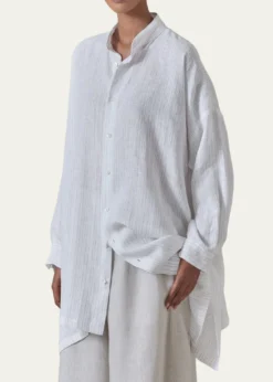 EskandarMetallic Linen Wide A-Line Collarless Shirt - Long Plus Length
