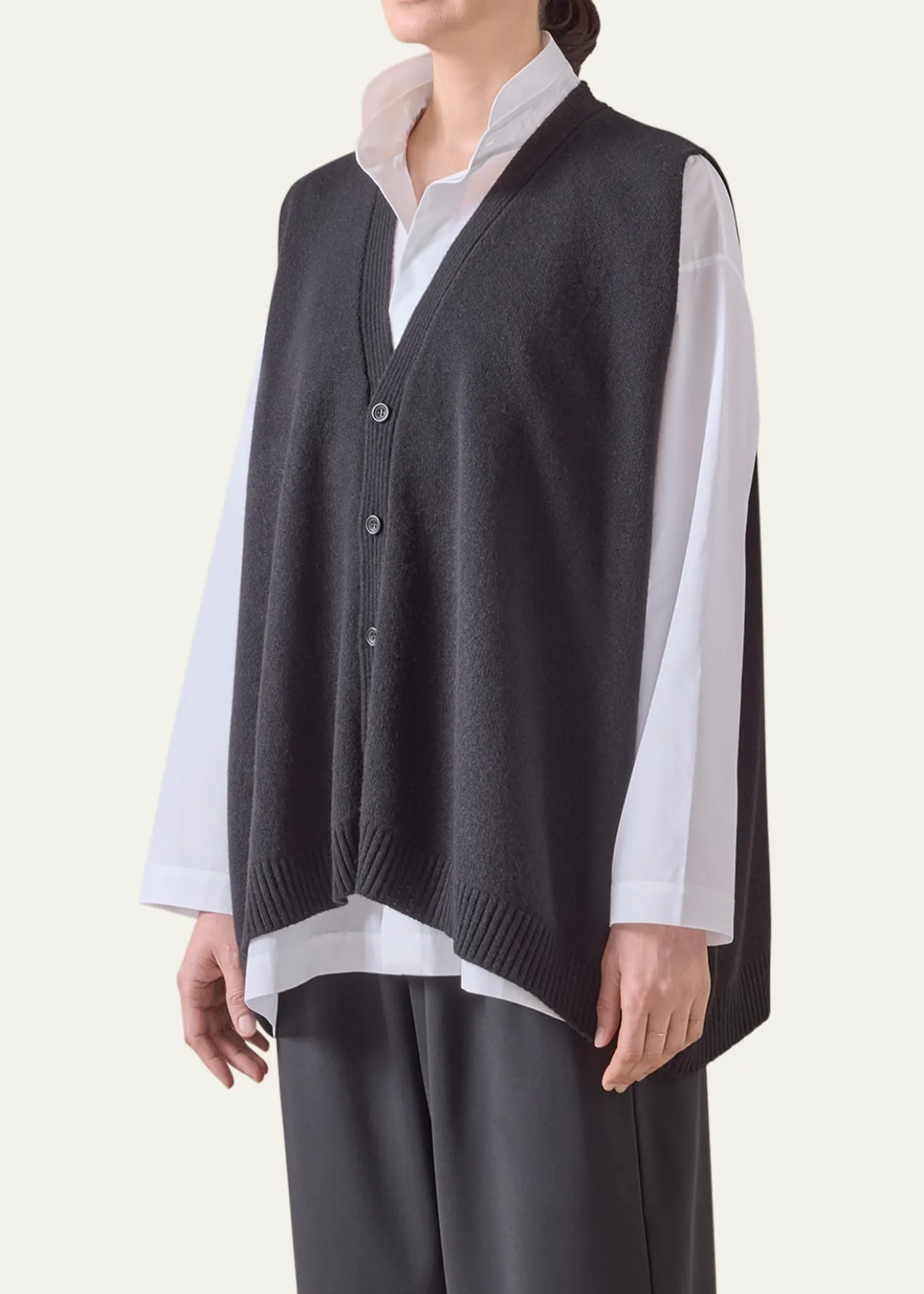 EskandarPlain Cashmere A-Line Sleeveless V-Neck Cardigan (Mid Plus Length)