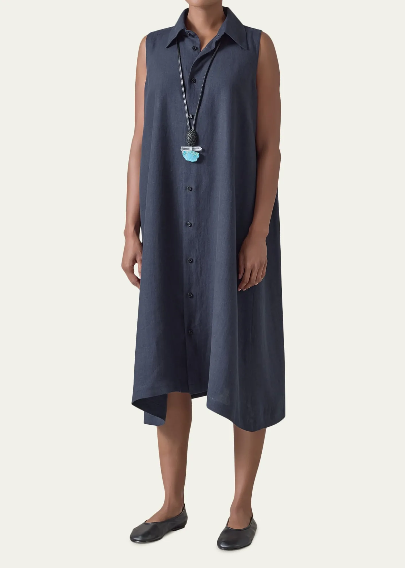 EskandarSide Pleated Sleeveless Midi Shirtdress with Collar