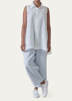 EskandarSide Pleated Sleeveless Shirt With Collar - Long Length