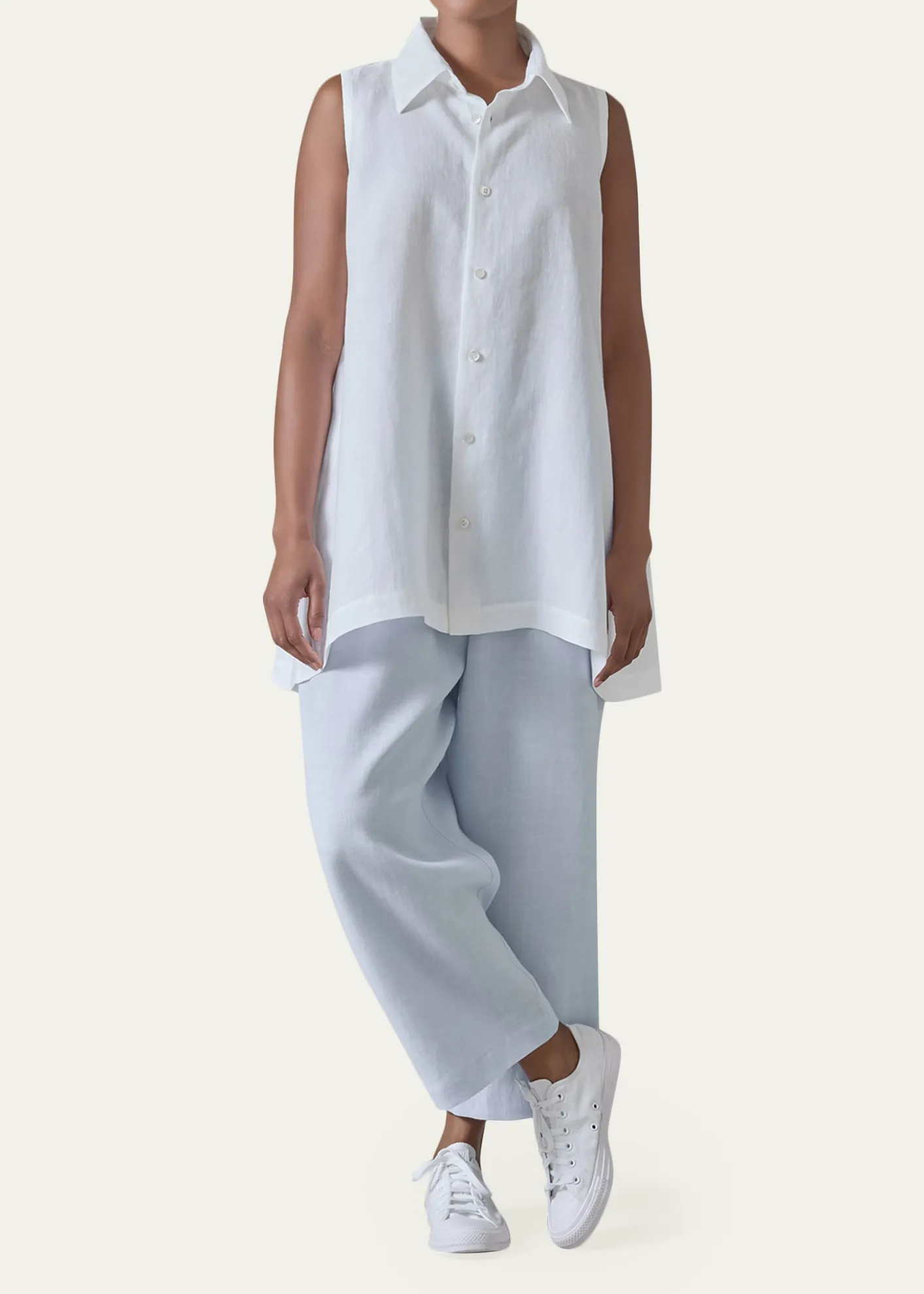 EskandarSide Pleated Sleeveless Shirt With Collar - Long Length