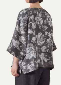 EskandarStonewashed Linen 3/4 Width Scoop Neck Tunic With Hem Bands - Mid Length
