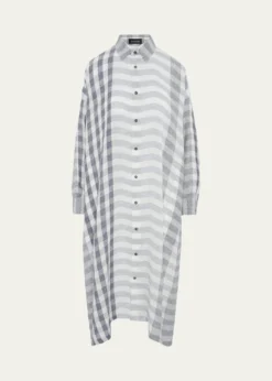 EskandarStriped Linen Wide A-Line Shirt Dress With Collar