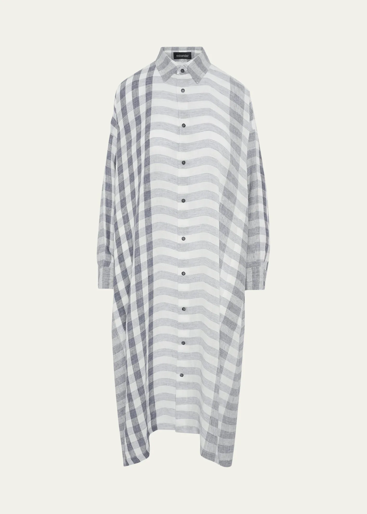 EskandarStriped Linen Wide A-Line Shirt Dress With Collar