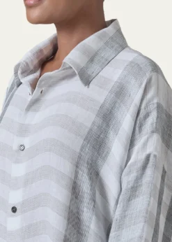 EskandarStriped Linen Wide A-Line Shirt Dress With Collar