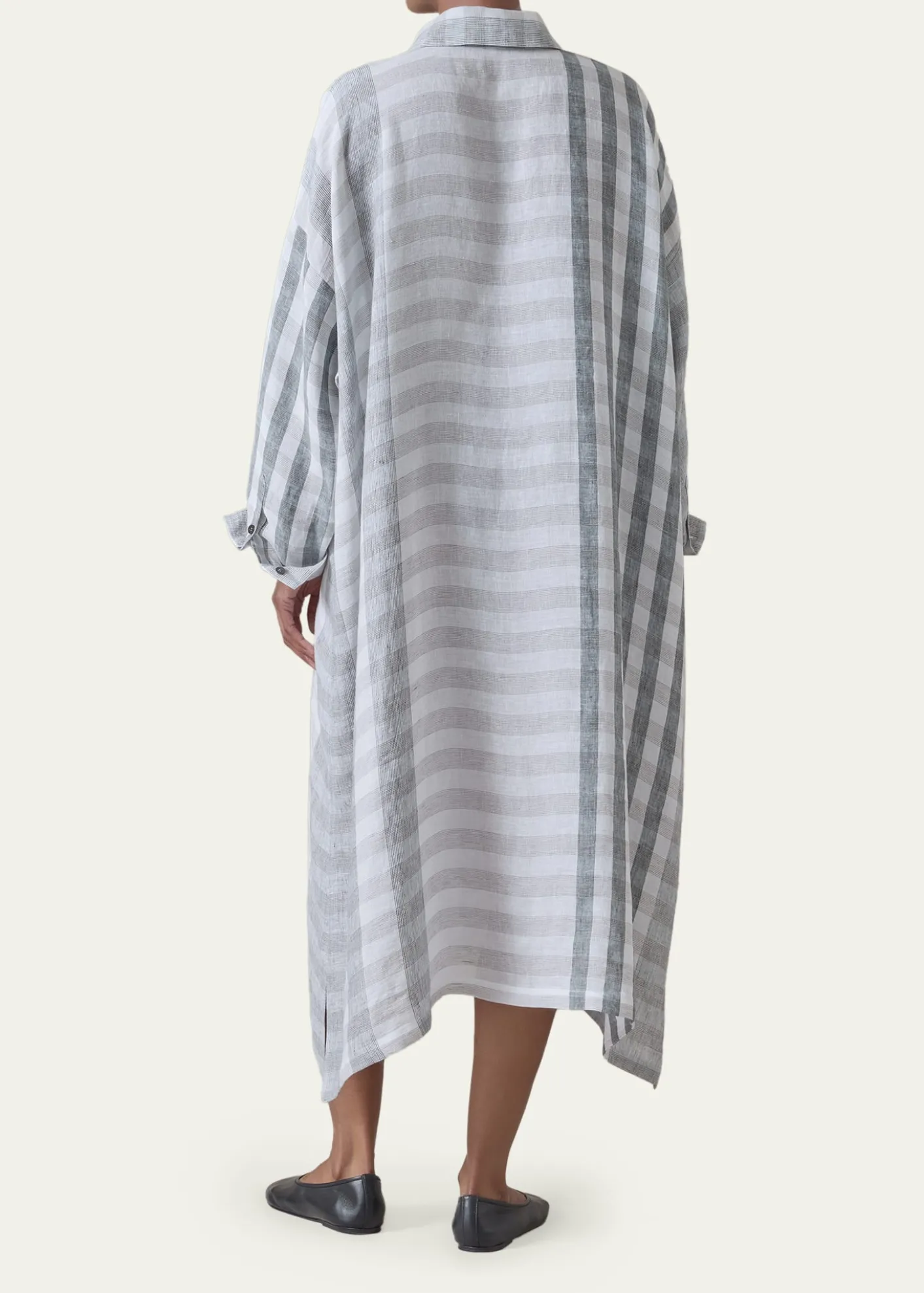 EskandarStriped Linen Wide A-Line Shirt Dress With Collar