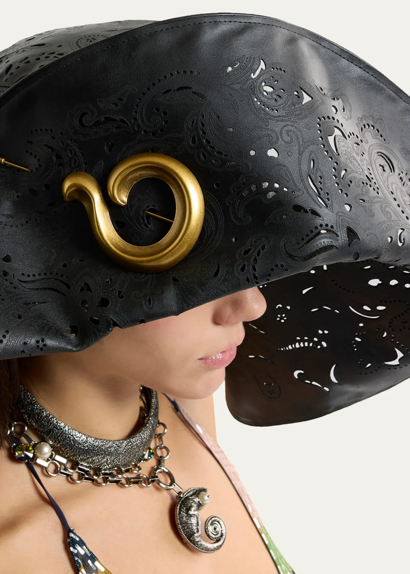 EtroOpenwork Wide-Brim Hat with Paisley Brooch