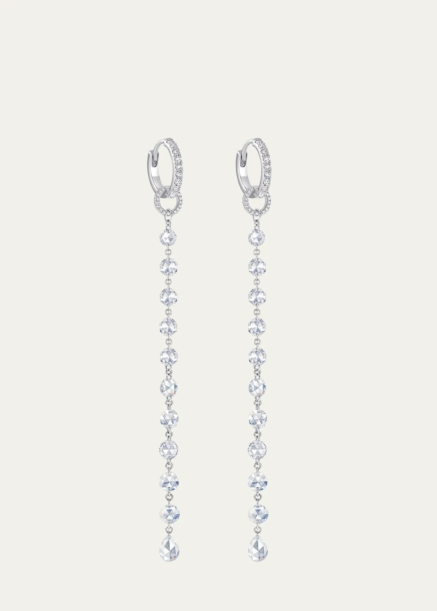 64 Facets18K White Gold Single Tassel Earrings with Diamonds, 3"L
