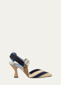 Fendi85mm Colibri Mixed-Media Raffia Slingback Pumps