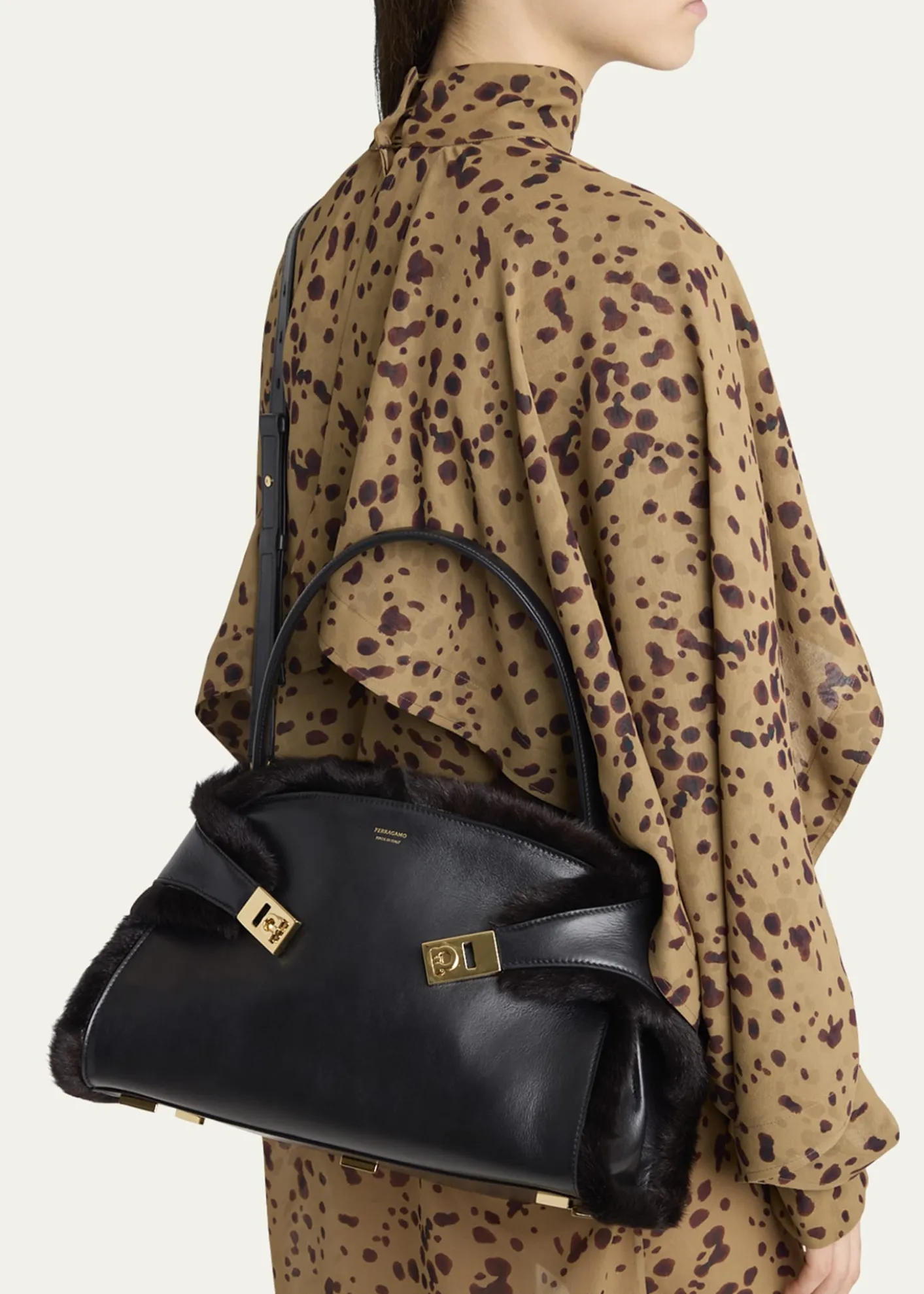 FerragamoHug Leather & Shearling Shoulder Bag
