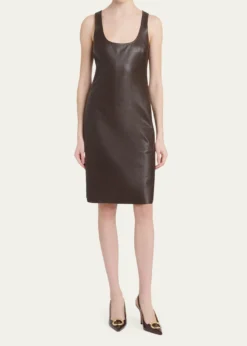FerragamoSleeveless Plonge Leather Woven-Side Dress