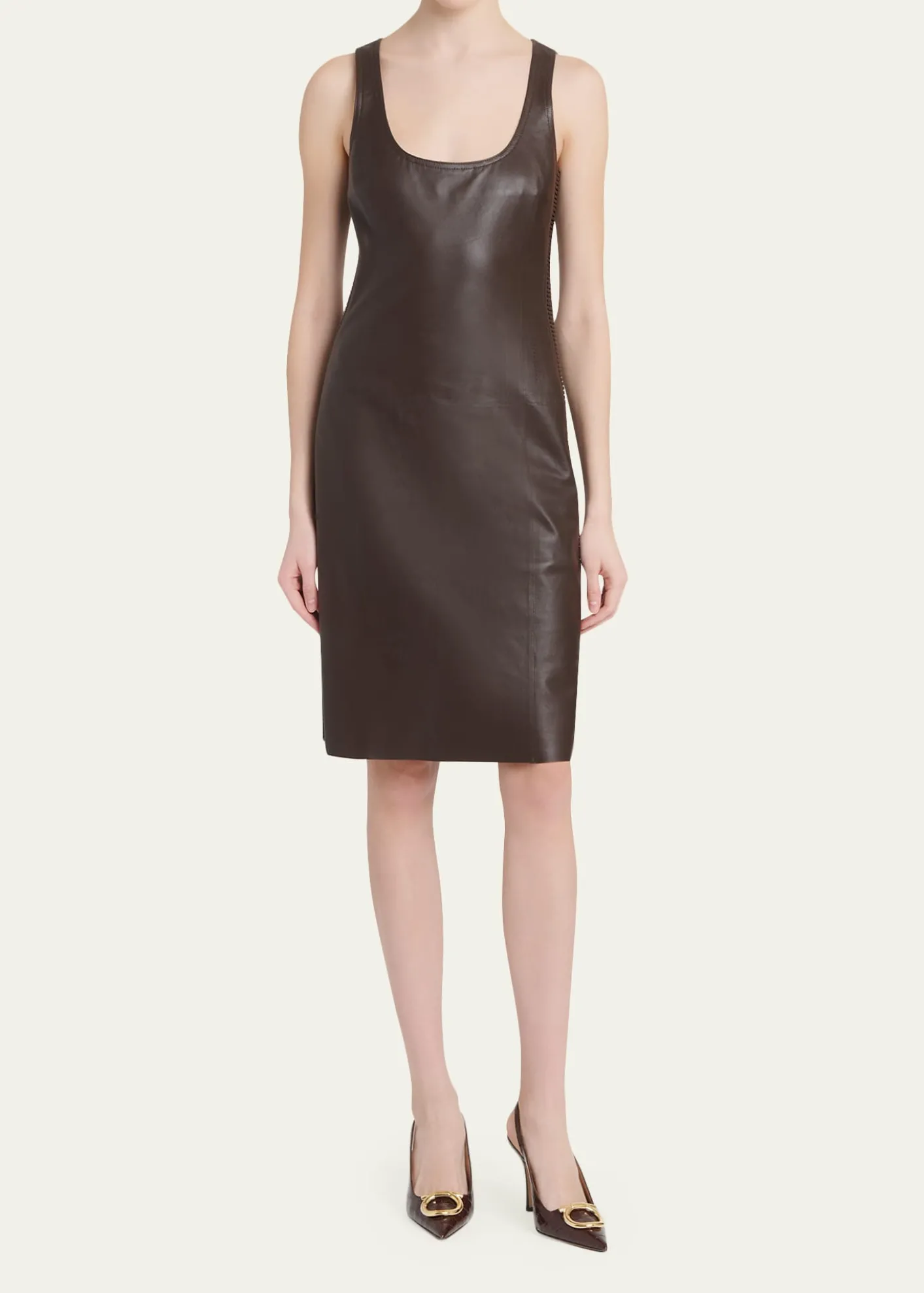 FerragamoSleeveless Plonge Leather Woven-Side Dress