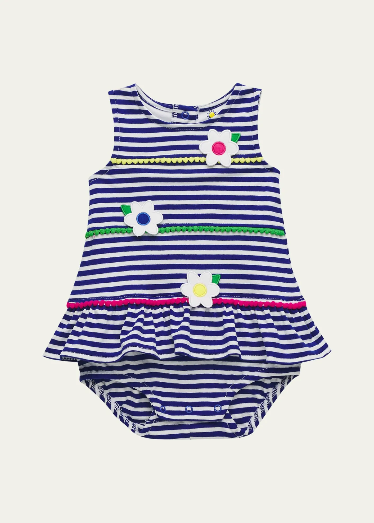 Florence EisemanGirl's Stripe Knit Romper with Pompoms & Flowers, Size 3M-24M