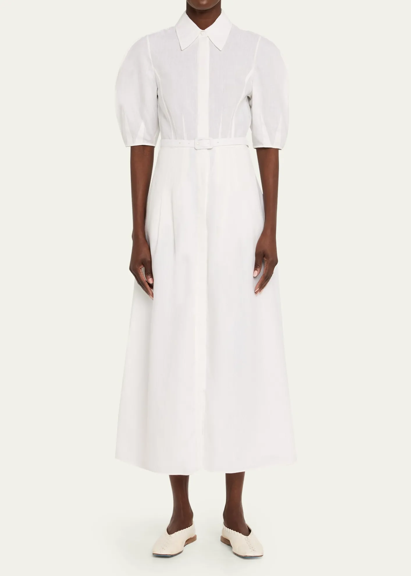 Gabriela HearstMaude Linen Puff-Sleeve Belted Midi Shirtdress