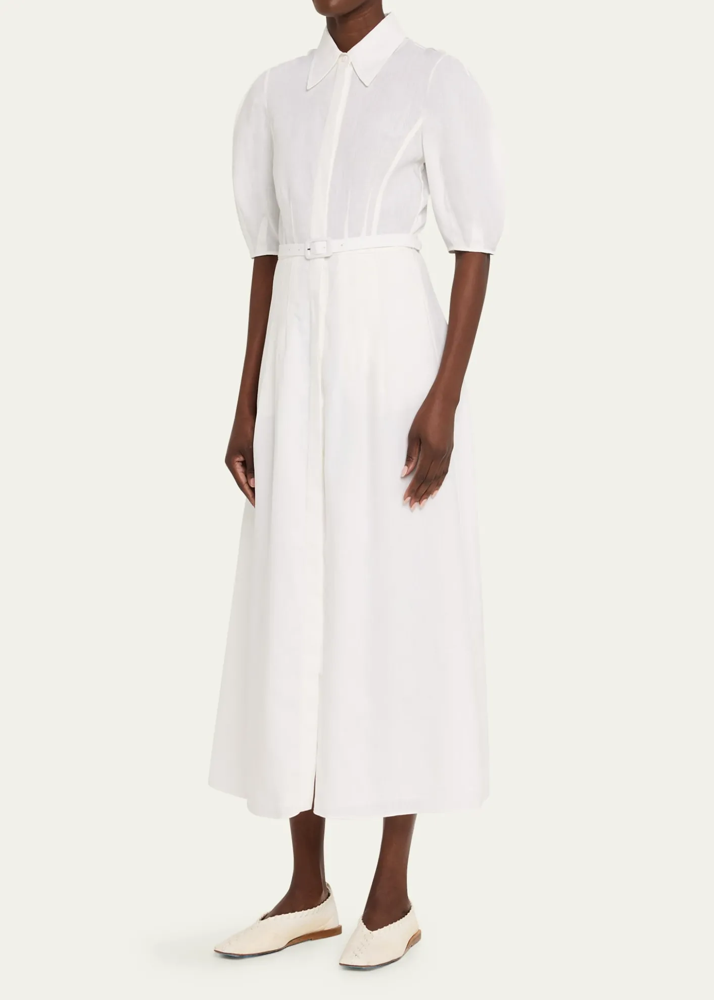 Gabriela HearstMaude Linen Puff-Sleeve Belted Midi Shirtdress
