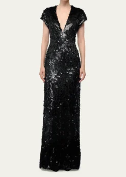 Gaurav GuptaPlunging Fringed Cap-Sleeve Column Gown