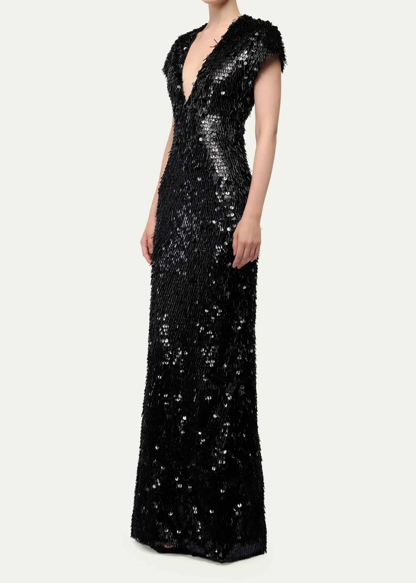 Gaurav GuptaPlunging Fringed Cap-Sleeve Column Gown