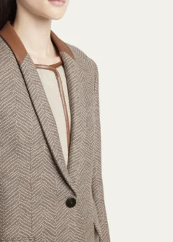Giorgio ArmaniChevron Wool Single-Breasted Blazer with Leather Trim