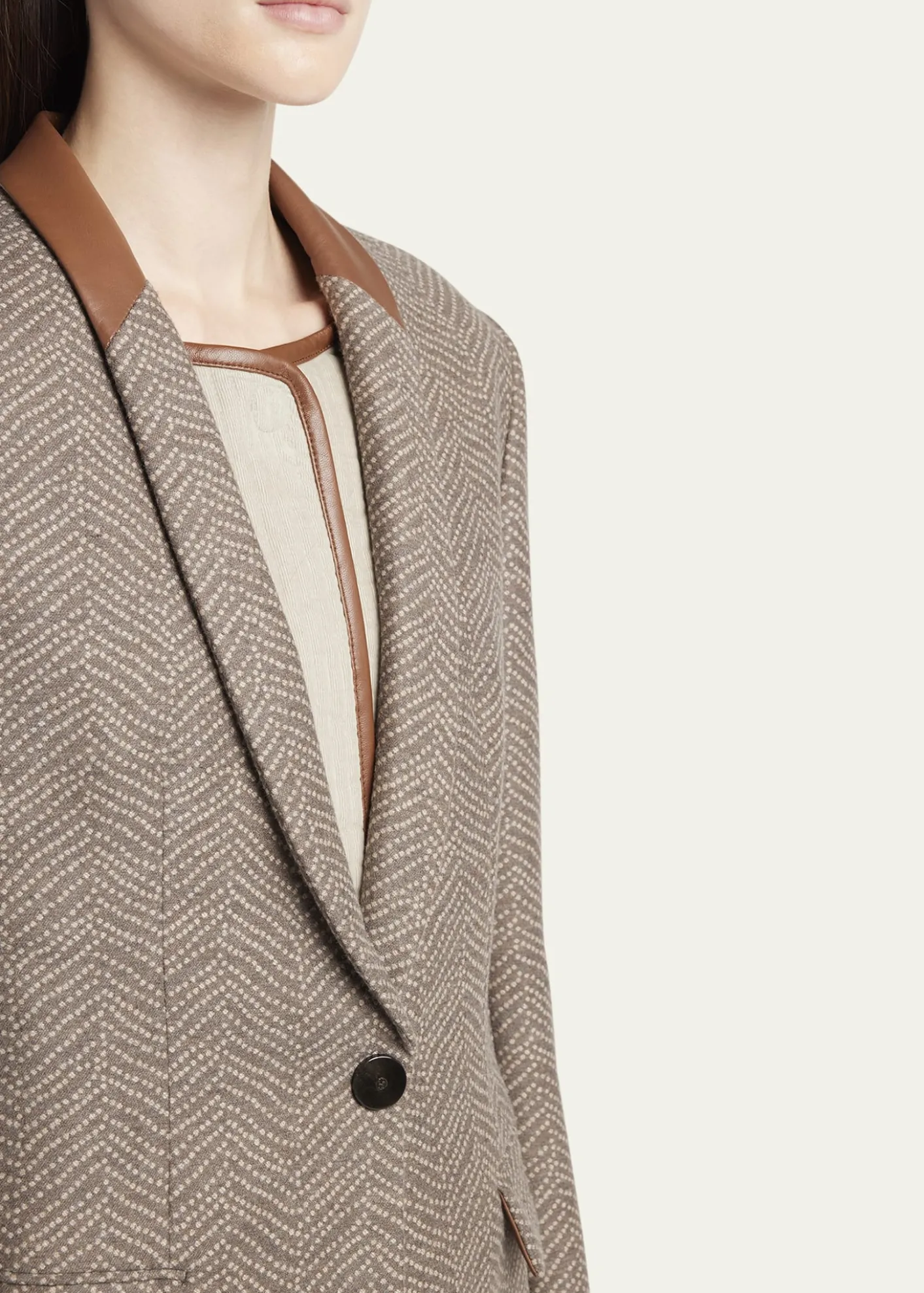 Giorgio ArmaniChevron Wool Single-Breasted Blazer with Leather Trim
