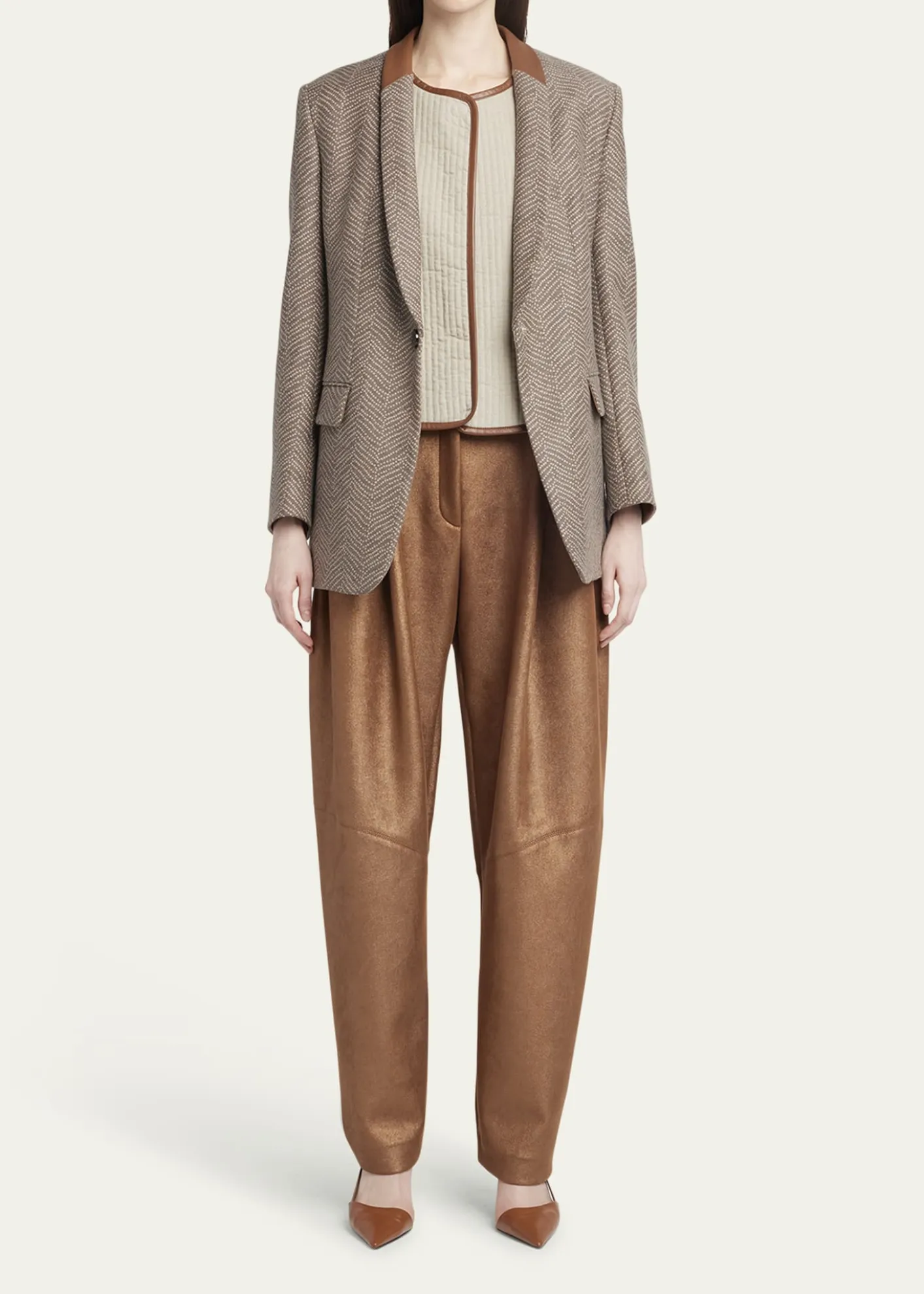 Giorgio ArmaniChevron Wool Single-Breasted Blazer with Leather Trim