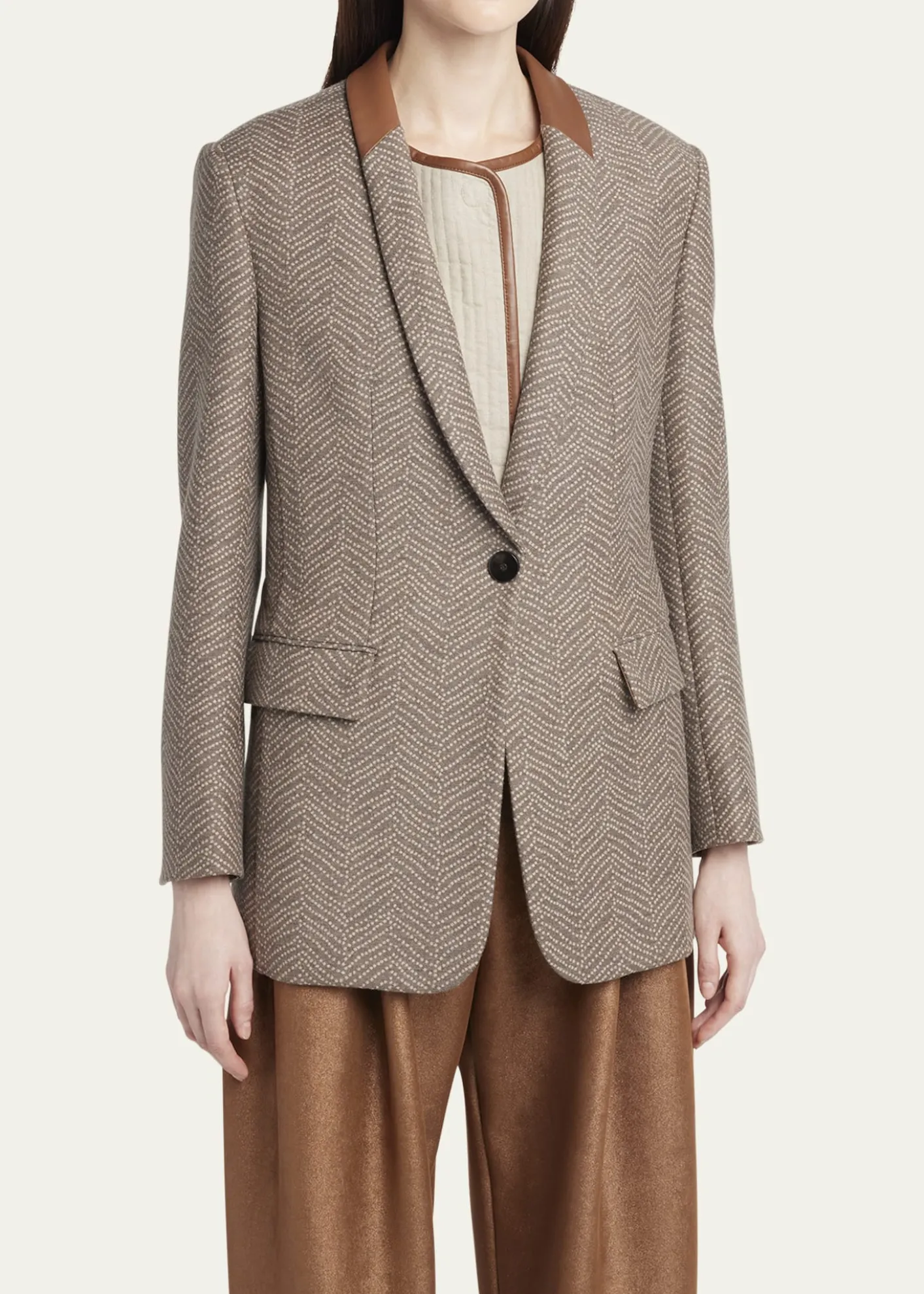 Giorgio ArmaniChevron Wool Single-Breasted Blazer with Leather Trim