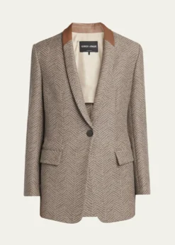 Giorgio ArmaniChevron Wool Single-Breasted Blazer with Leather Trim