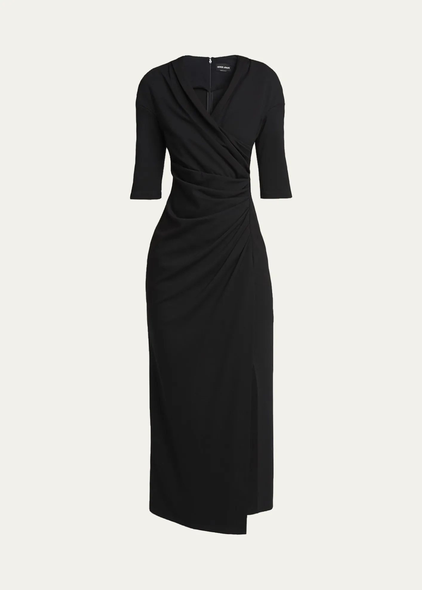 Giorgio ArmaniElbow-Sleeve Draped Crepe Slit Midi Dress