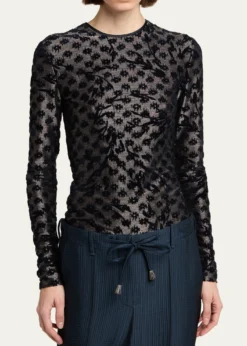 Giorgio ArmaniFloral Metallic Burnout Long-Sleeve Top