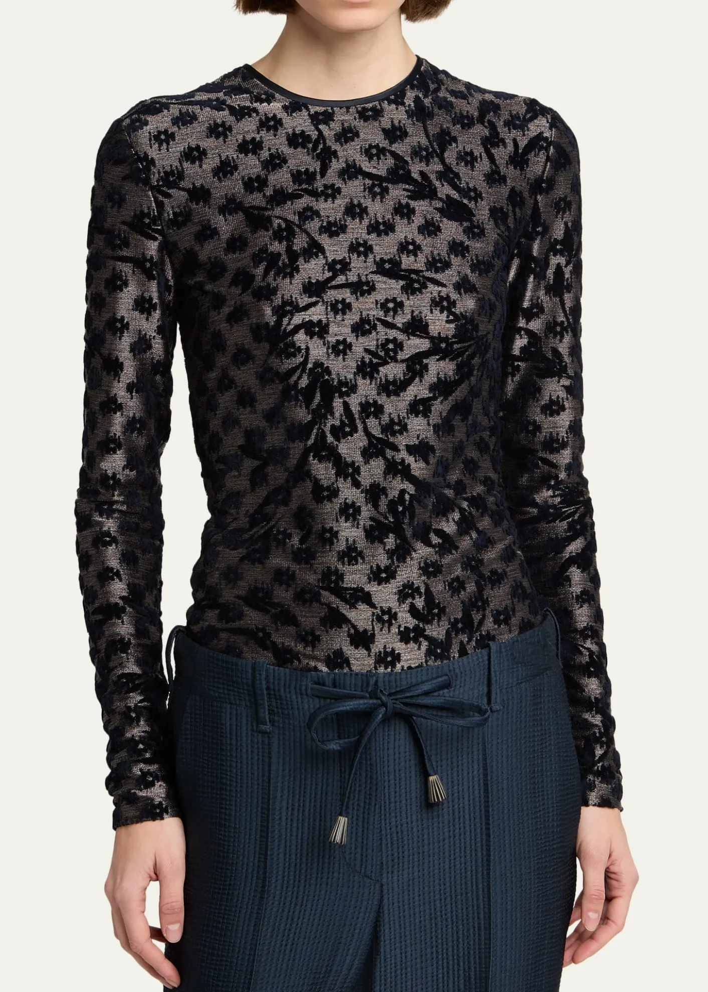 Giorgio ArmaniFloral Metallic Burnout Long-Sleeve Top