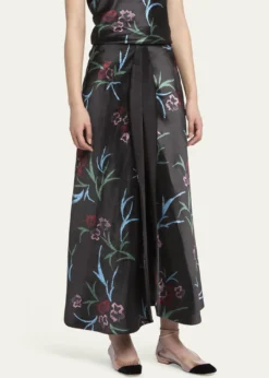 Giorgio ArmaniFloral Printed Maxi Silk Skirt with Pleated Center Panel