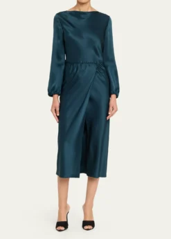 Giorgio ArmaniHigh-Neck Long-Sleeve Satin Midi Dress