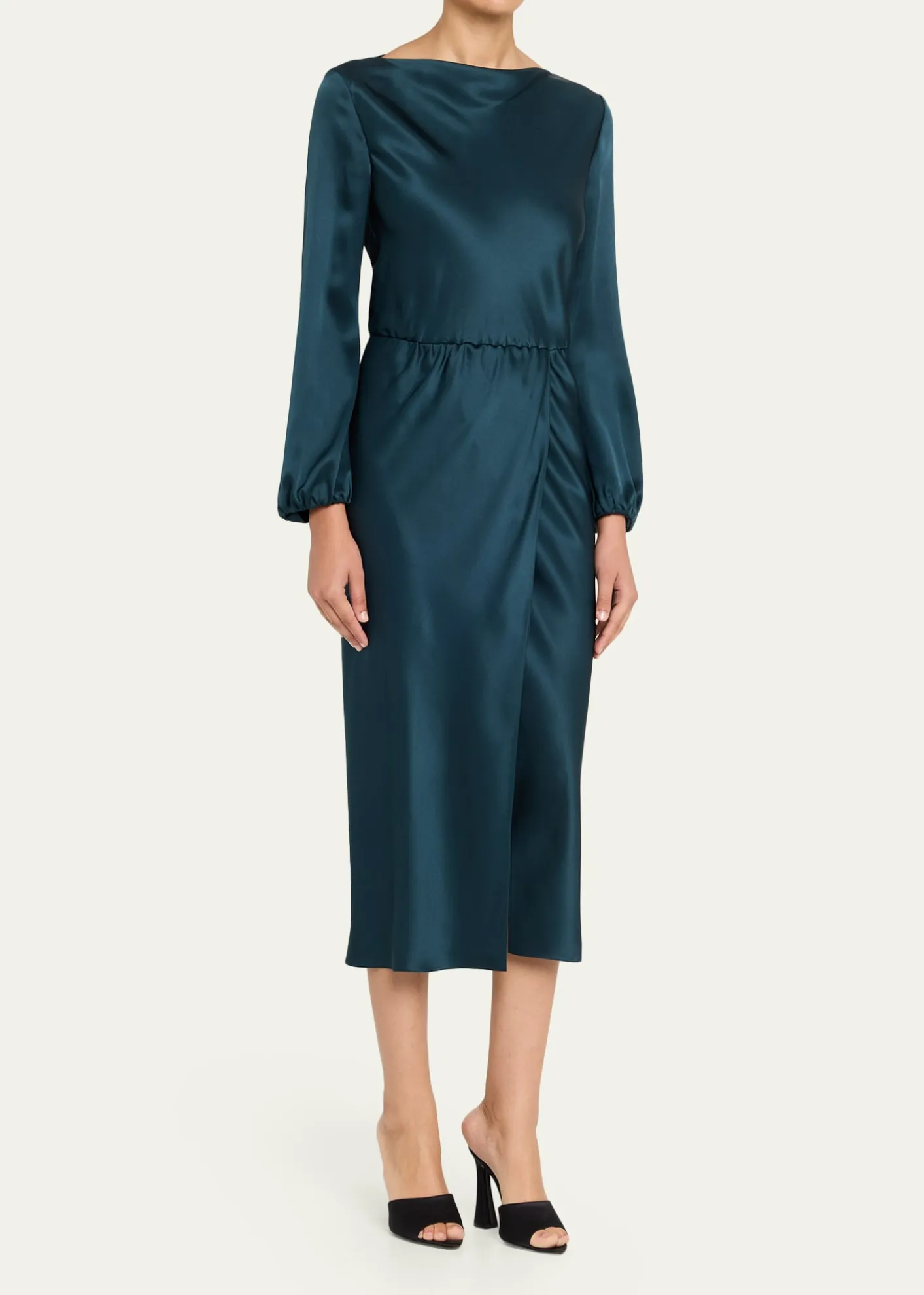 Giorgio ArmaniHigh-Neck Long-Sleeve Satin Midi Dress